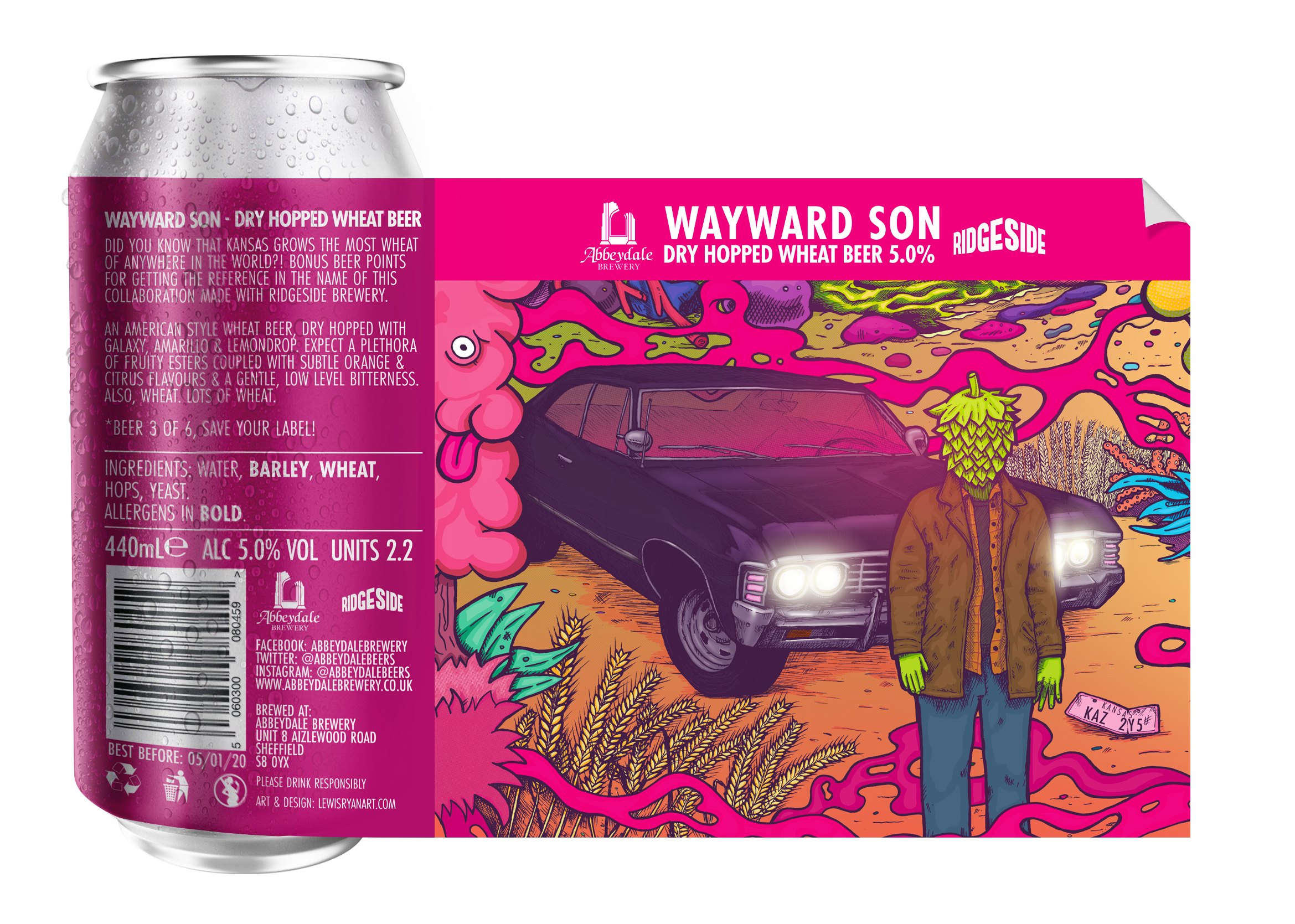 Craft Beer Label Illustration - Abbeydale Brewery x Ridgeside Brewery - Wayward Son - American Style Wheat Beer Can Label Artwork